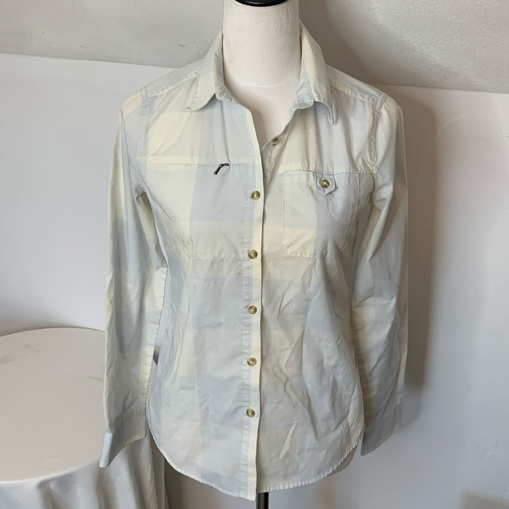 Patagonia light blue white plaid long sleeve